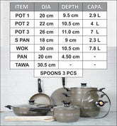 Culinary set with pots, pans, and wok on a white background, accompanied by a table of measurements.
